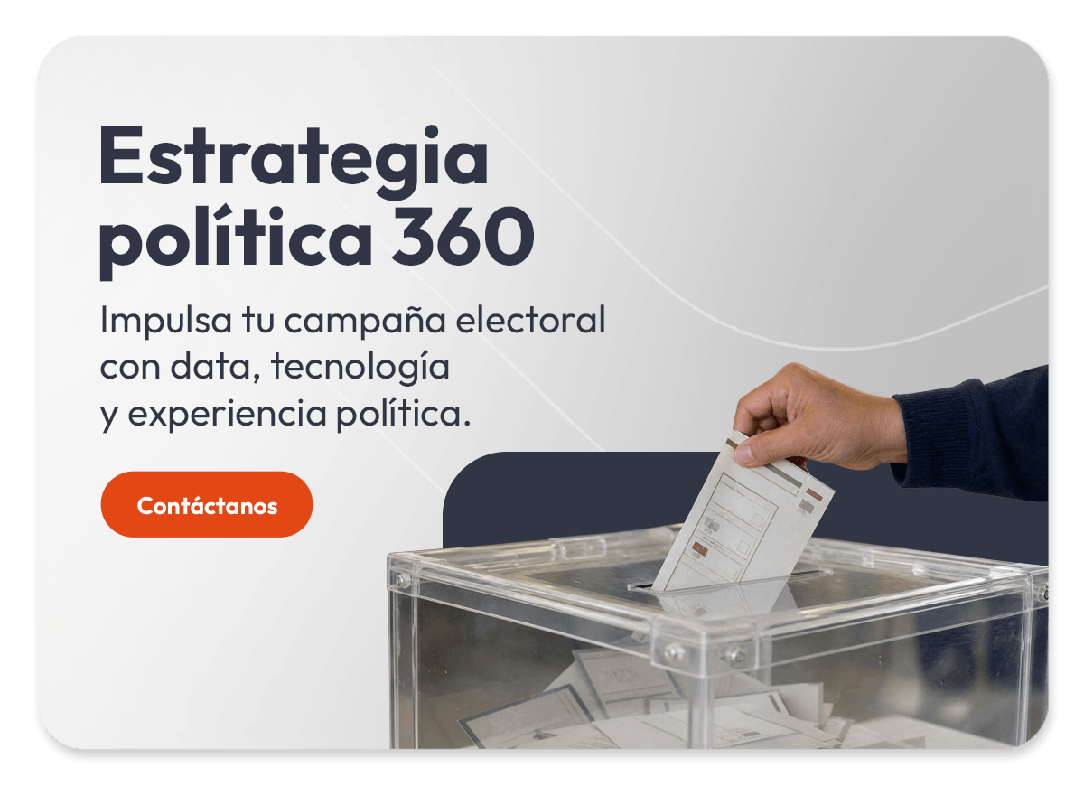 Mano deposita boleta en urna transparente; banner de estrategia política 360 con CTA “Contáctanos” y enfoque en datos y tecnología.