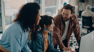 Equipo de trabajo colaborando frente a computadora en oficina moderna; revisión conjunta de ideas y avances en proyecto.